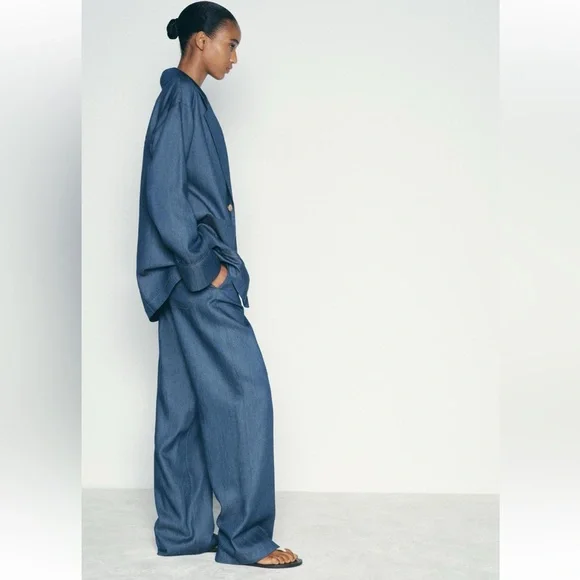 Denim effect Blue Oversized Women's Blazer - Picture 4 of 12